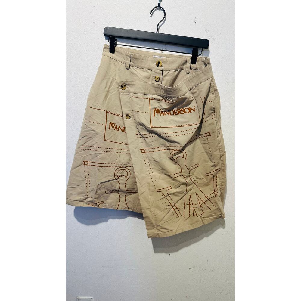 JW ANDERSON Tan Khaki 100% Cotton A-Line Logo Travel Asymmetrical Wrap Skirt 10 - Picture 2 of 14